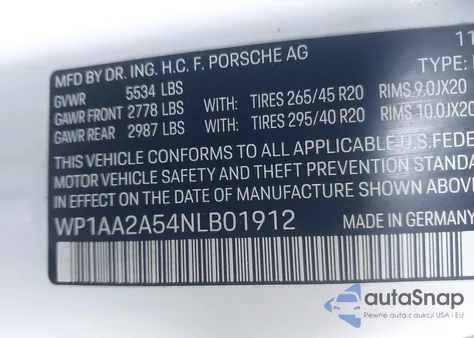 2022 Porsche Macan из США, поврежденный, VIN WP1AA2A54NLB01912